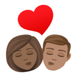 👩🏾‍❤️‍💋‍👨🏽 Berciuman Wanita dengan Pria Warna Kulit Gelap Sedang dengan Warna Kulit Sedang JoyPixels