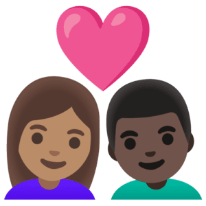 👩🏽‍❤️‍👨🏿 Pasangan dengan Hati Wanita dengan Pria Warna Kulit Sedang dengan Warna Kulit Gelap Google