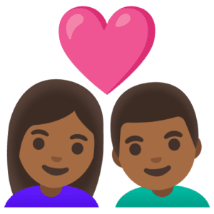 👩🏾‍❤️‍👨🏾 Pasangan dengan Hati Wanita dengan Pria Warna Kulit Gelap Sedang Google