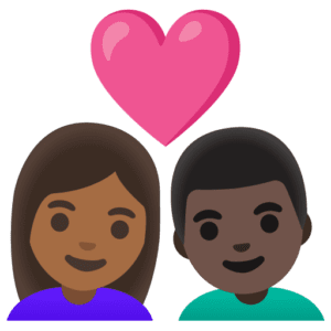 👩🏾‍❤️‍👨🏿 Pasangan dengan Hati Wanita dengan Pria Warna Kulit Gelap Sedang dengan Warna Kulit Gelap Google