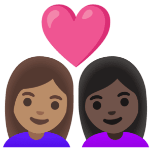 👩🏽‍❤️‍👩🏿 Pasangan dengan Hati Wanita dengan Wanita Warna Kulit Sedang dengan Warna Kulit Gelap Google